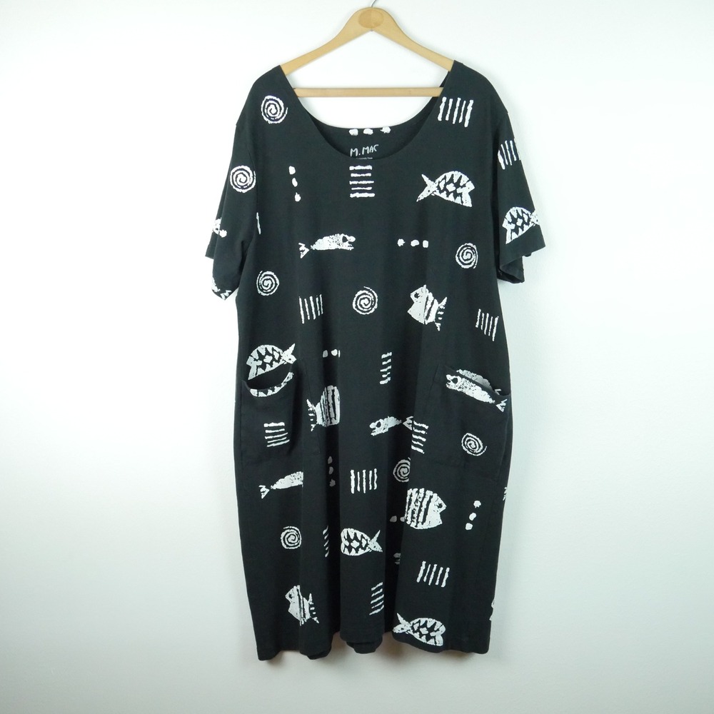 M. Mac Black White Fish Print Cotton Pocket Shift Dress 3X 90s Coastal Beachy